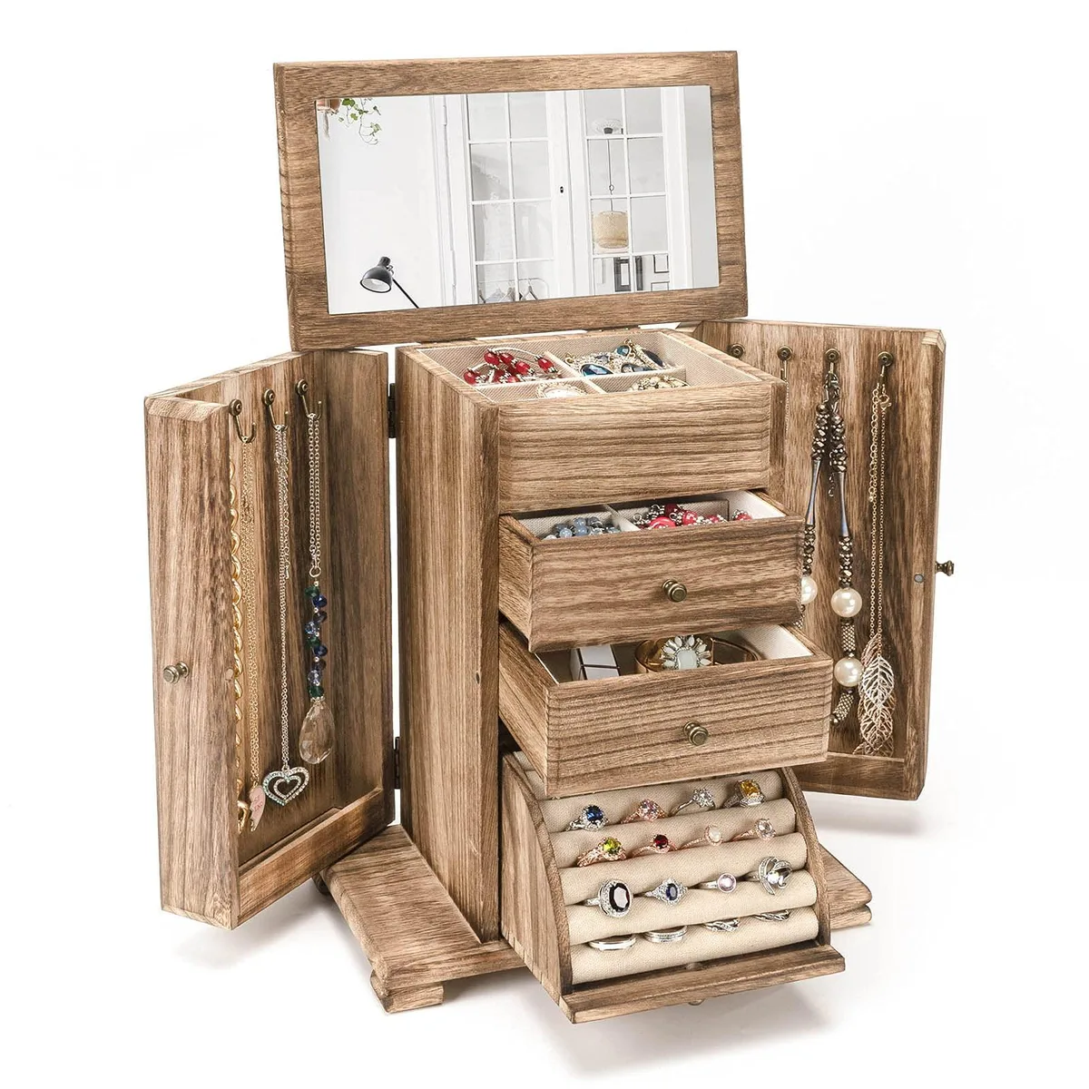 Rustic brown wooden jewelry organizer with four layers and mirror