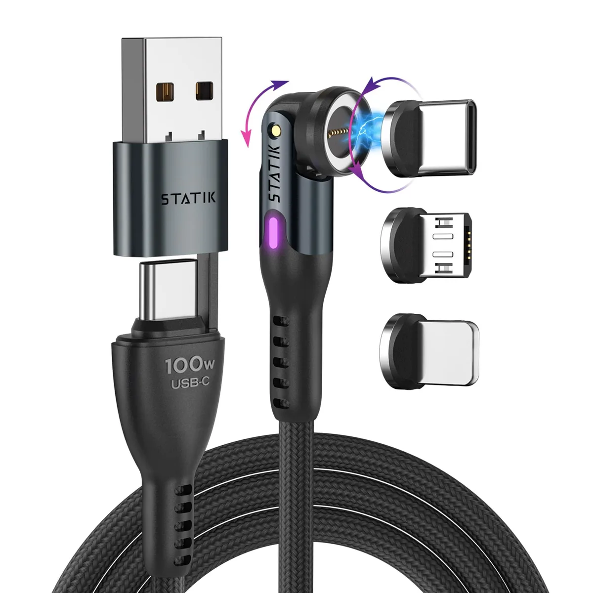 Black magnetic charging cable with three swappable tips and LED indicator, six inches long