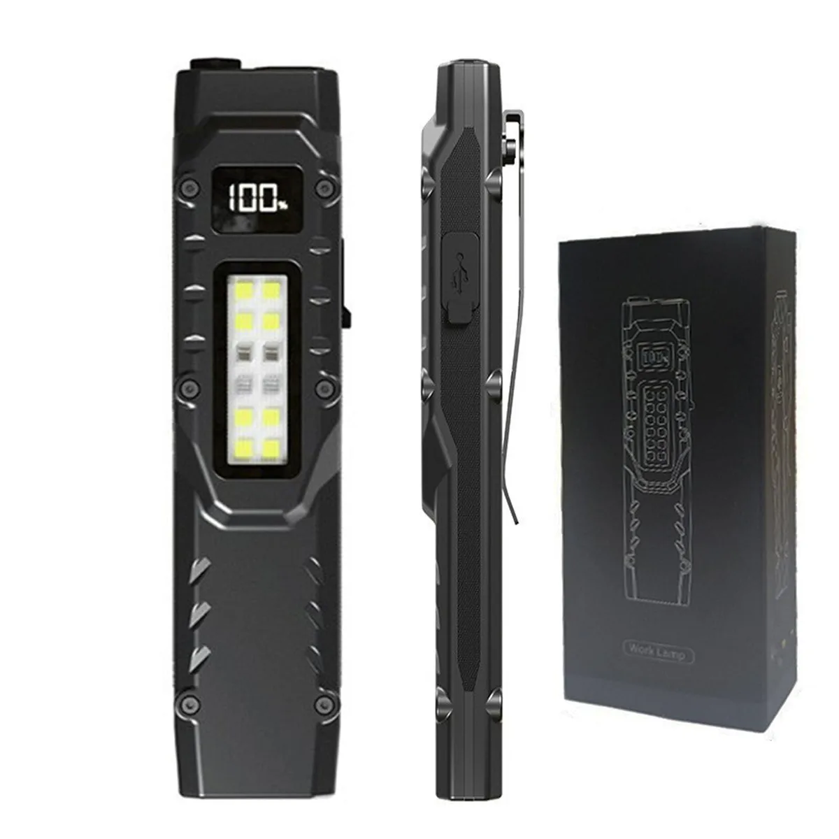 Black flat flashlight with digital display, dual side switches, and COB side light panel