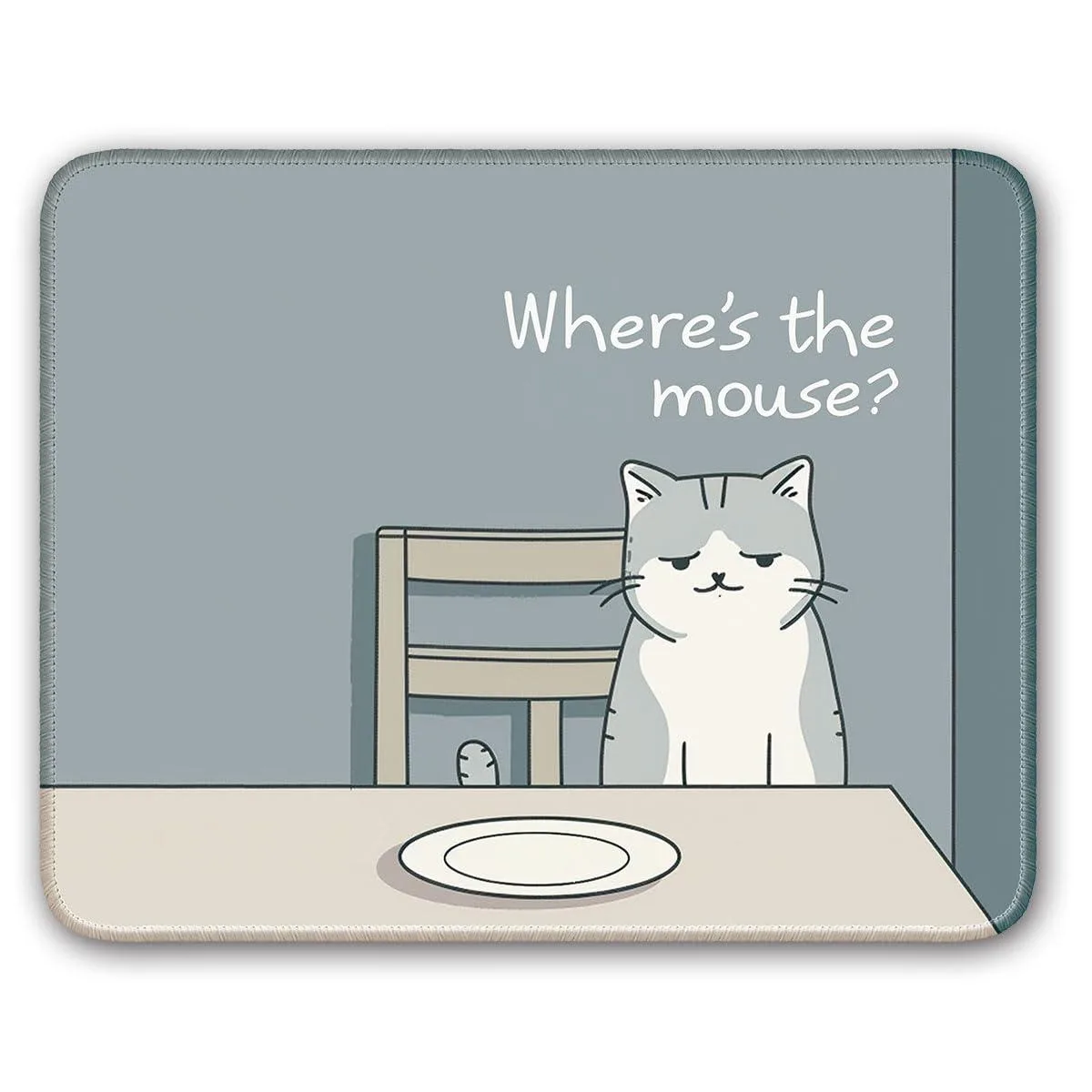 Rectangular cloth mouse pad with grey cat illustration and stitched edges, 26 by 21 cm