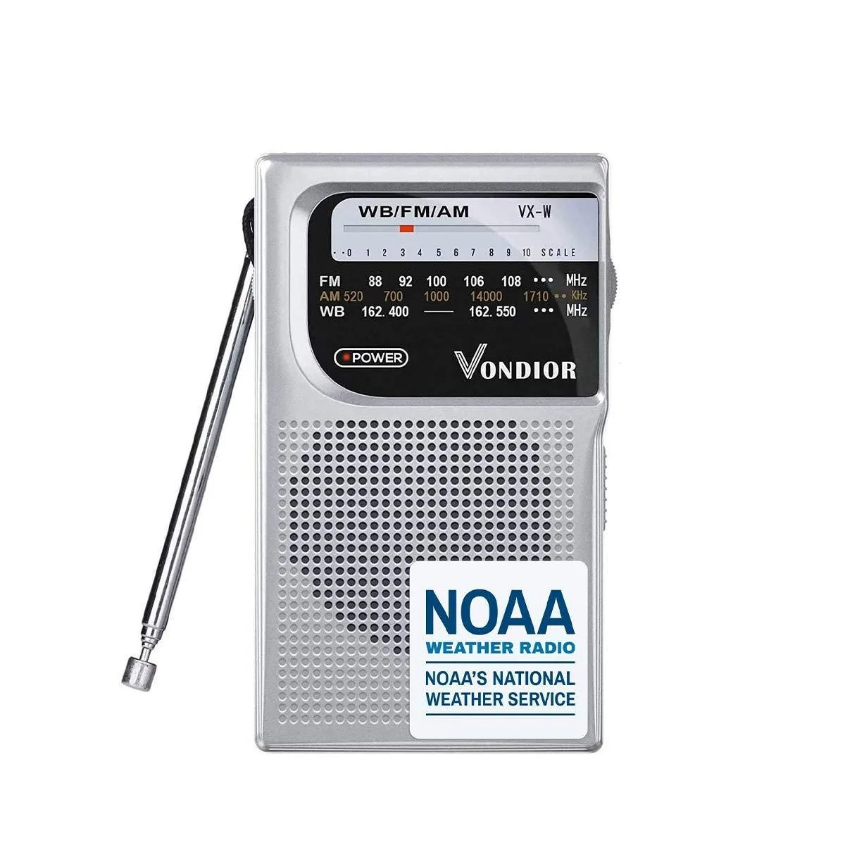  Vondior NOAA AM FM Weather Radio Silver 2 AA 0.29 lb — product photo