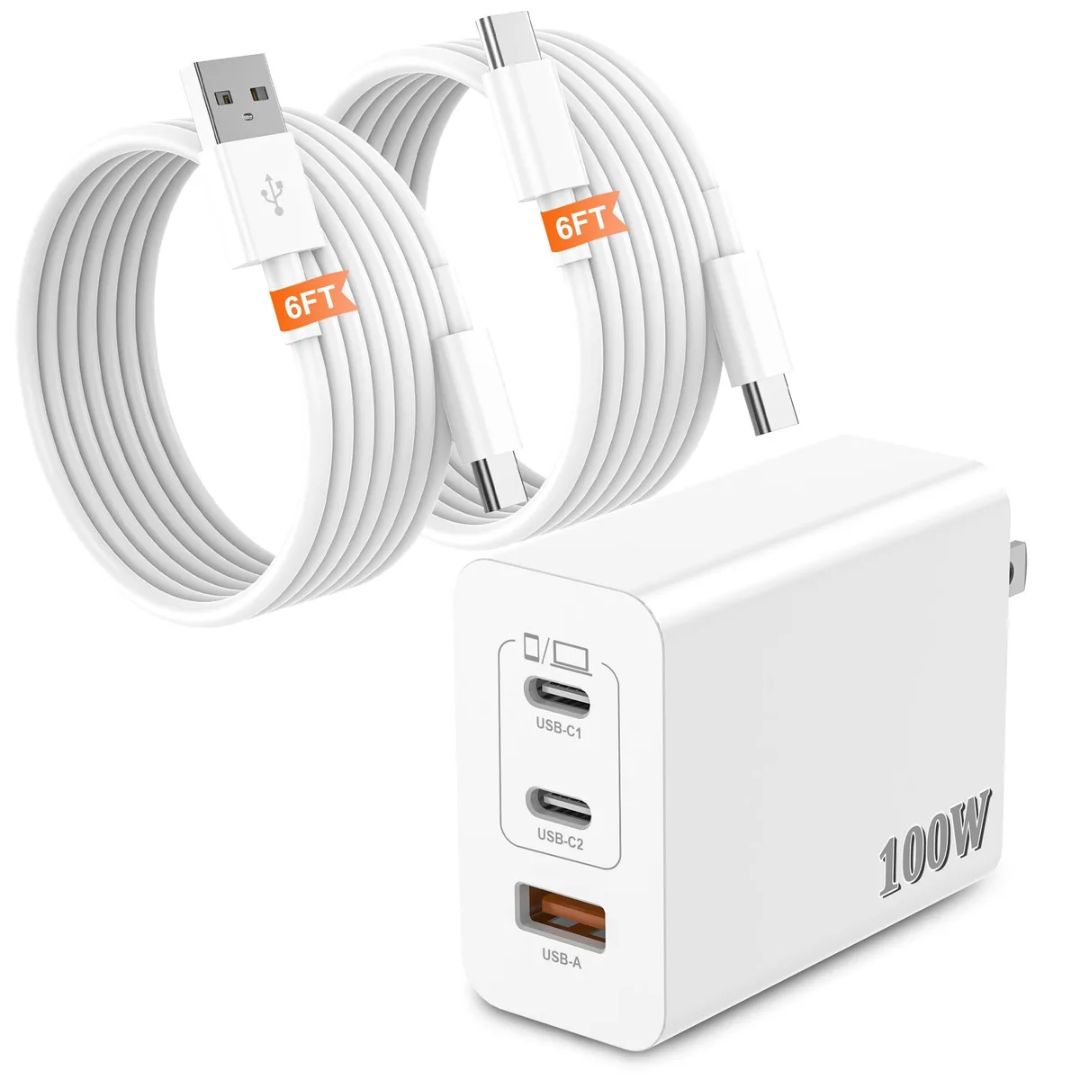  100W 3-Port GaN Charger with 2 Cables White — product photo