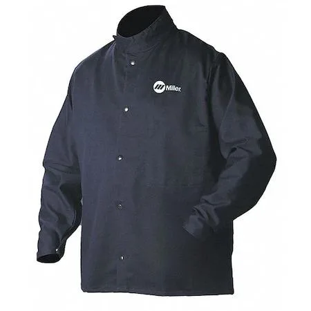 Navy cotton nylon welding jacket with stand up collar and snap closure