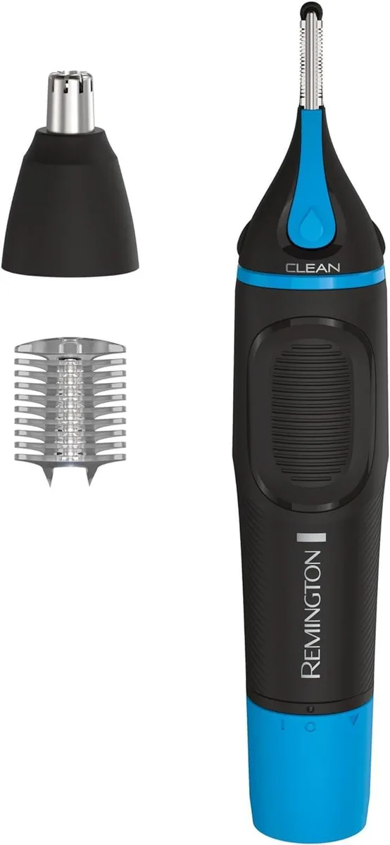 Black cylindrical nose ear eyebrow trimmer with rotary and detail heads, eyebrow comb, battery included