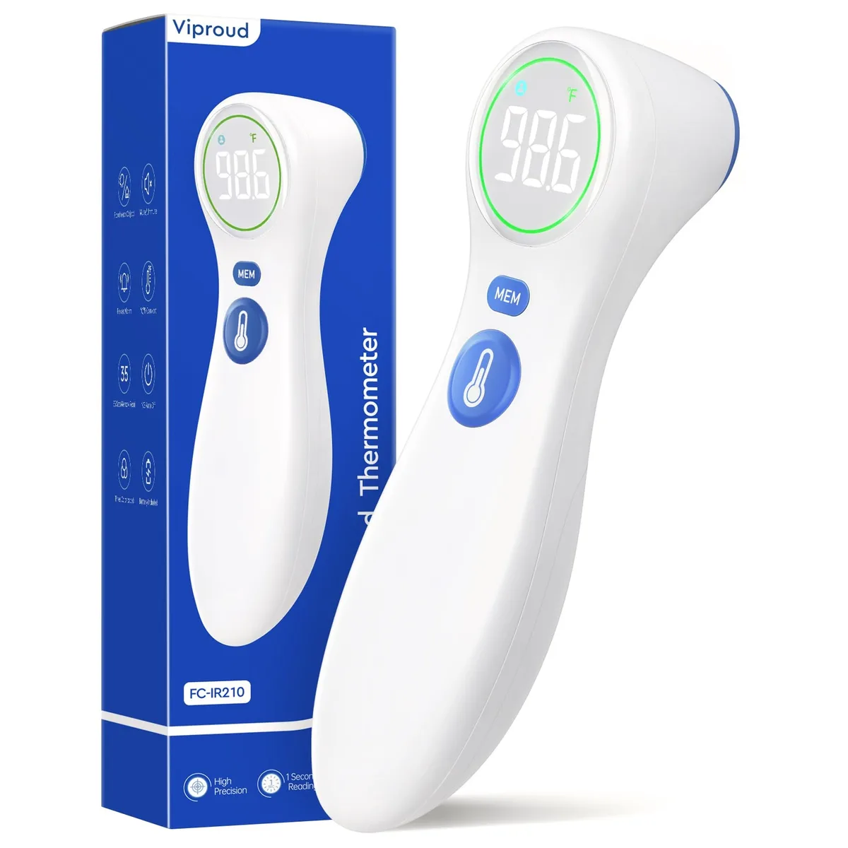 White handheld infrared thermometer with curved grip and color-coded fever indicator ring