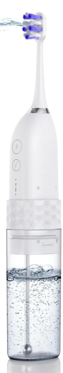 White electric toothbrush with integrated water flosser and 110ml tank