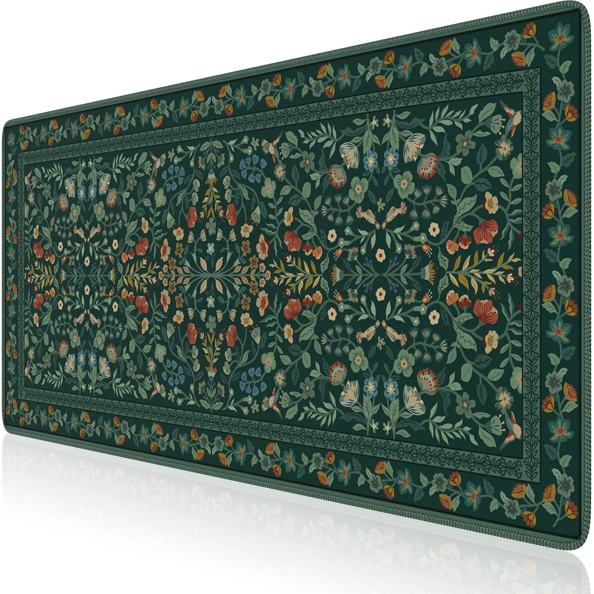 Large rectangular desk mat in deep green with vintage floral pattern, lycra surface, stitched edges