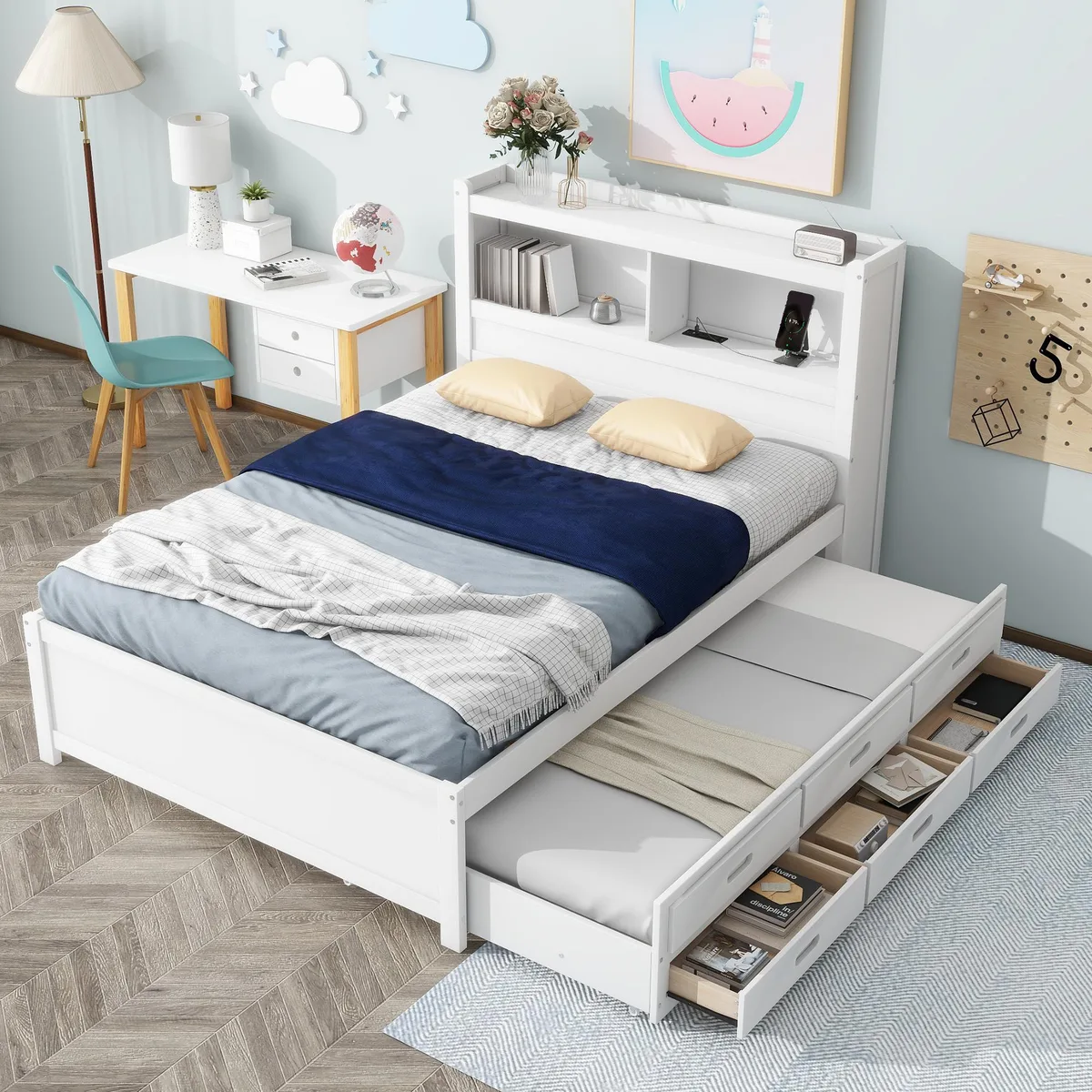 White full-size platform bed with trundle, drawers, USB ports and headboard shelves
