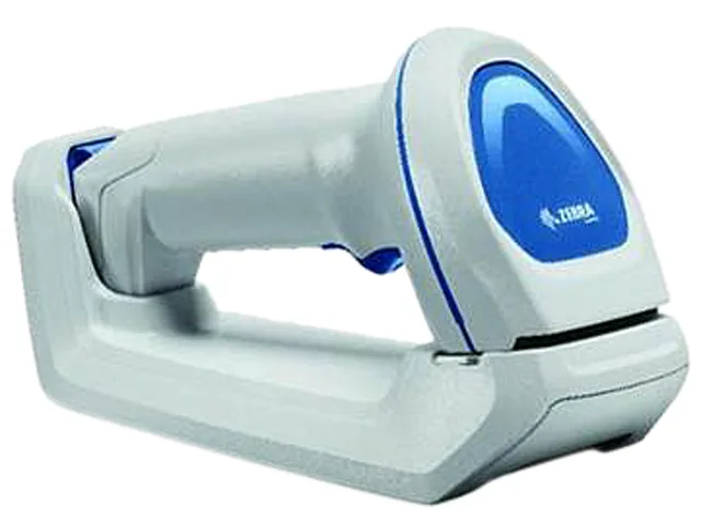 White handheld barcode scanner with charging cradle