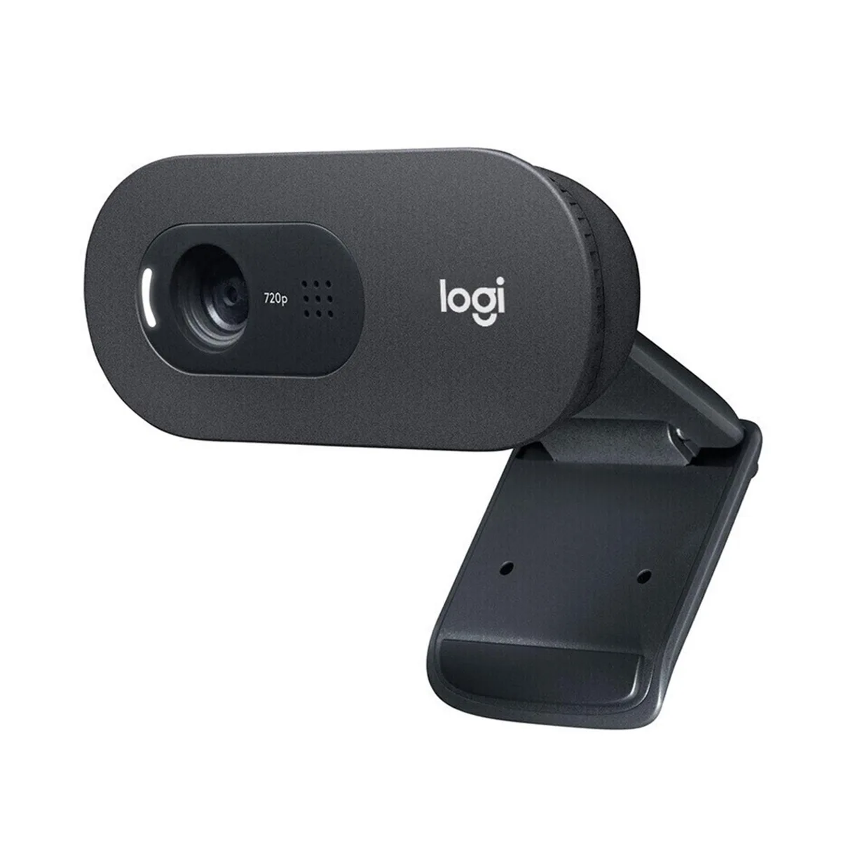 Small black rectangular webcam with fixed clip and USB-A cable