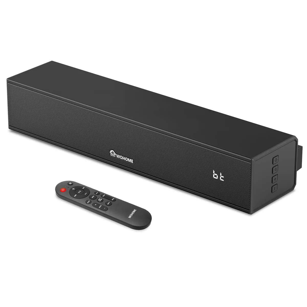 Black 15-inch soundbar with built-in subwoofer and remote