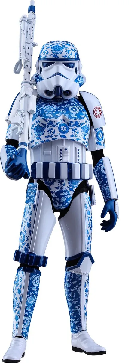 Hot Toys 1/6 scale Stormtrooper figure in blue-and-white porcelain pattern armor, 35 cm tall