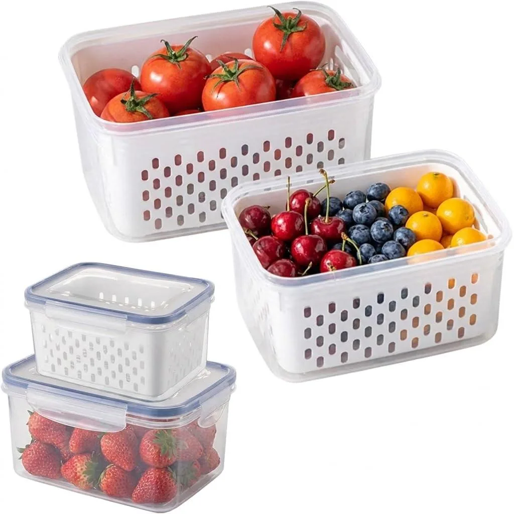 Two white rectangular food storage containers with removable colanders and locking lids