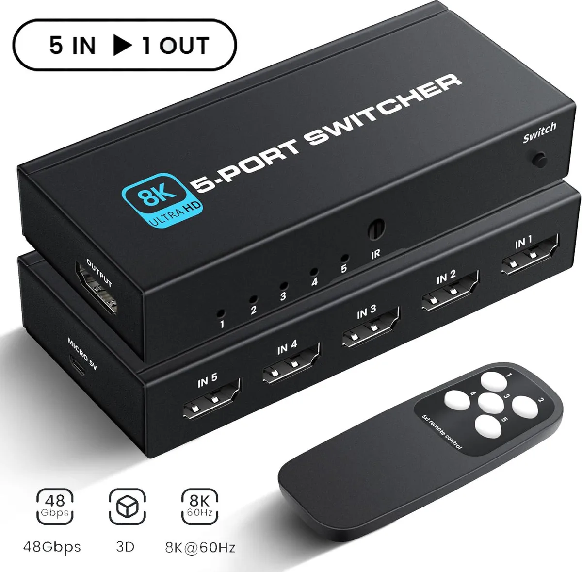 Hitoor Hitoor 5-Port HDMI 2.1 Switch 8K@60Hz 4K@120Hz 48Gbps Black — product photo