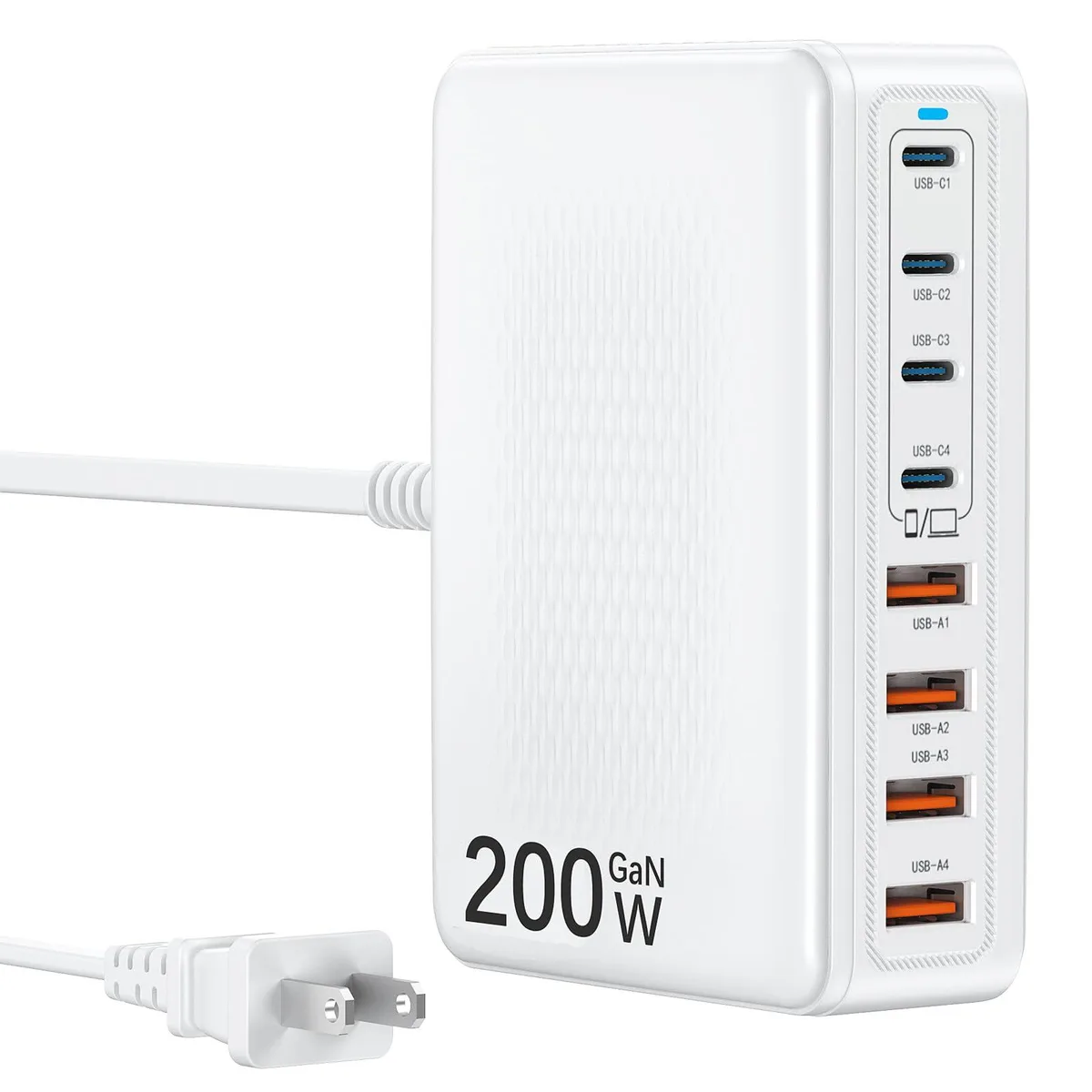 Black rectangular 8-port USB-C GaN charger block with multiple ports visible