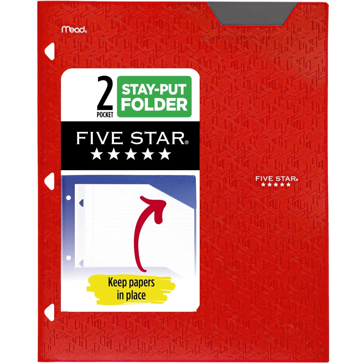 Red plastic two-pocket folder with stay-put tabs and three-hole punched edge