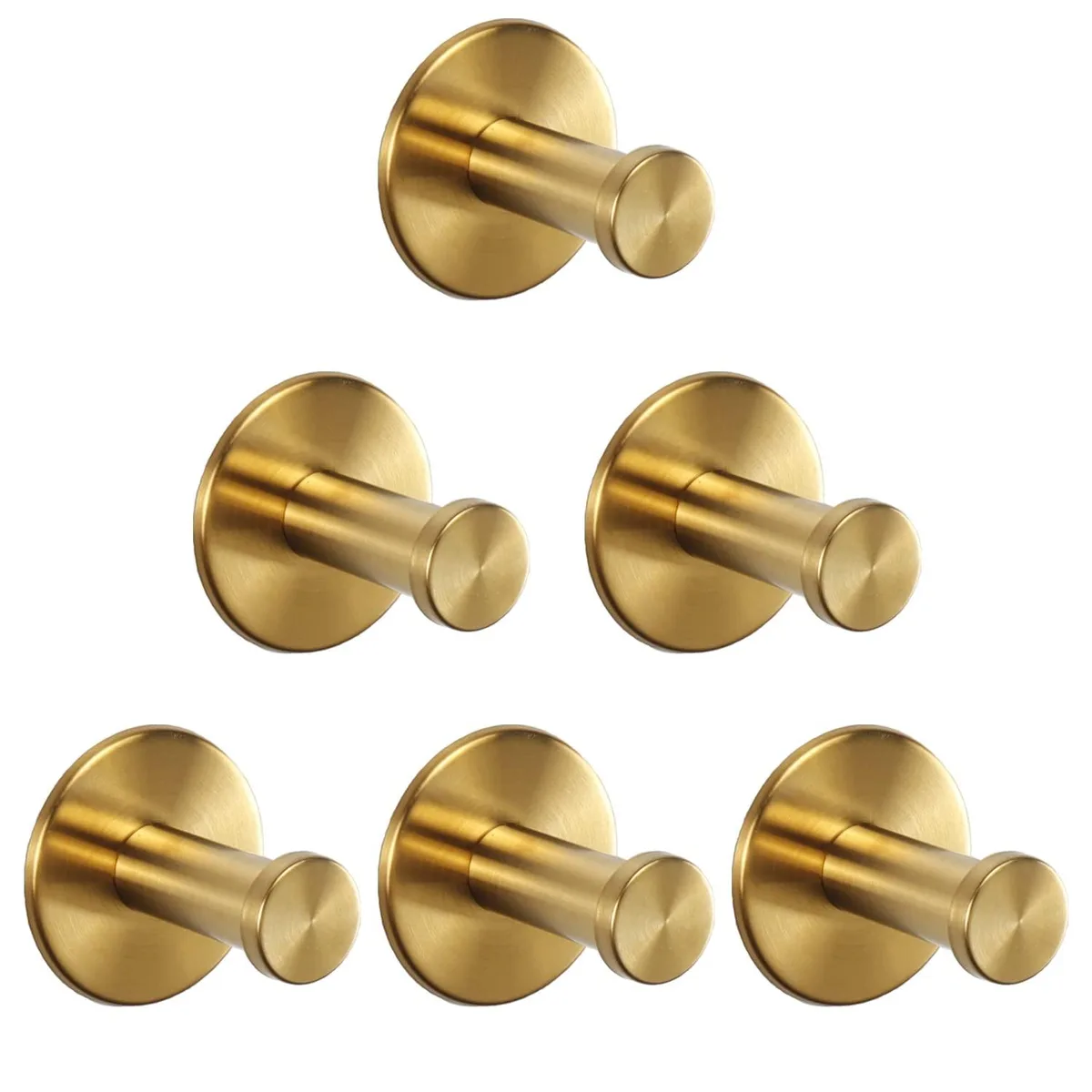 Six gold stainless steel adhesive wall hooks on a surface