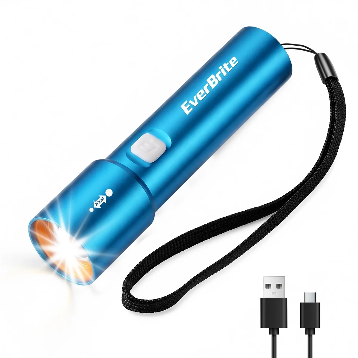 Blue aluminum mini flashlight with USB-C port and lanyard strap