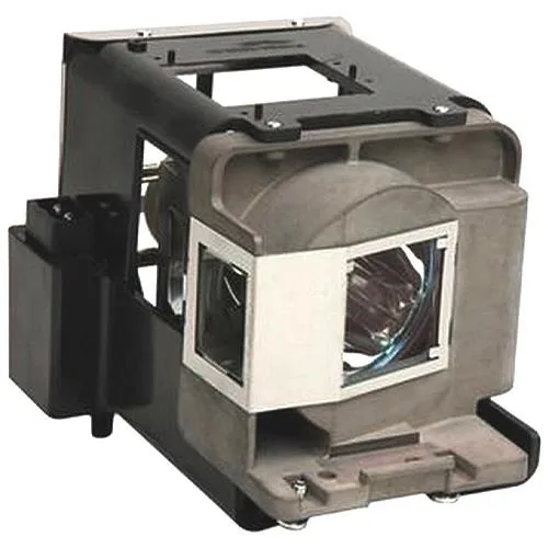 A rectangular projector lamp module with a black metal housing and a glass bulb inside