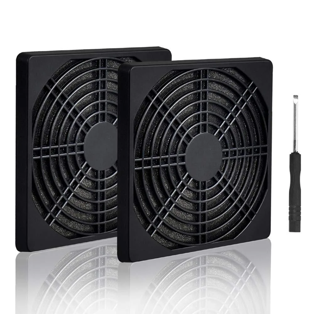 Two square black ABS grills with fine mesh screens side by side