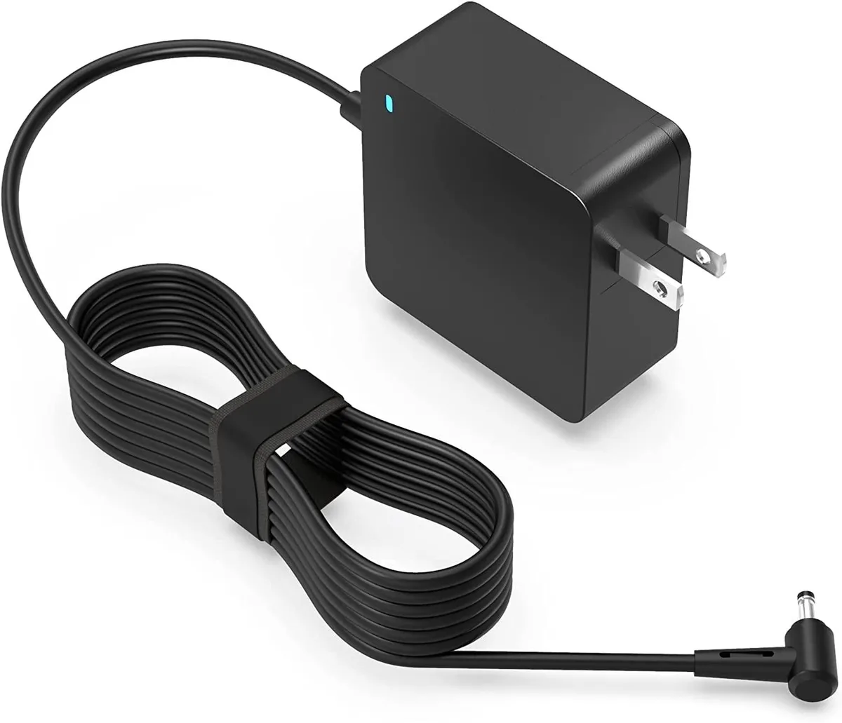 Black rectangular AC power adapter with round barrel connector and short cable