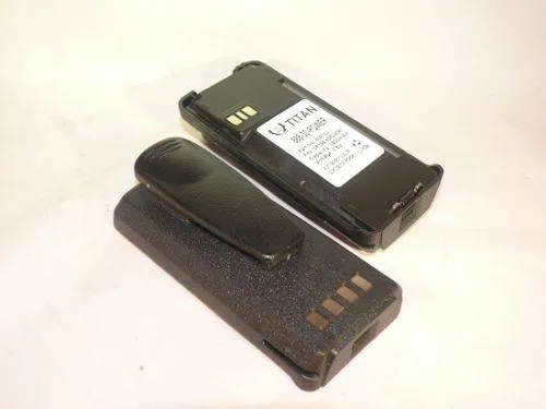 Two rectangular black Li-Ion radio battery packs side by side