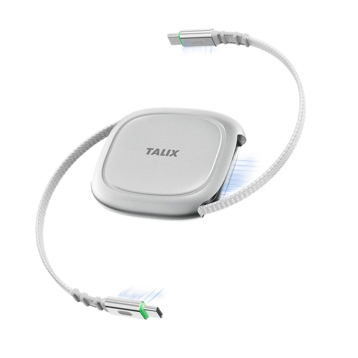 Orange retractable USB-C cable with magnetic snap storage, extends from .33 to 3.94 ft