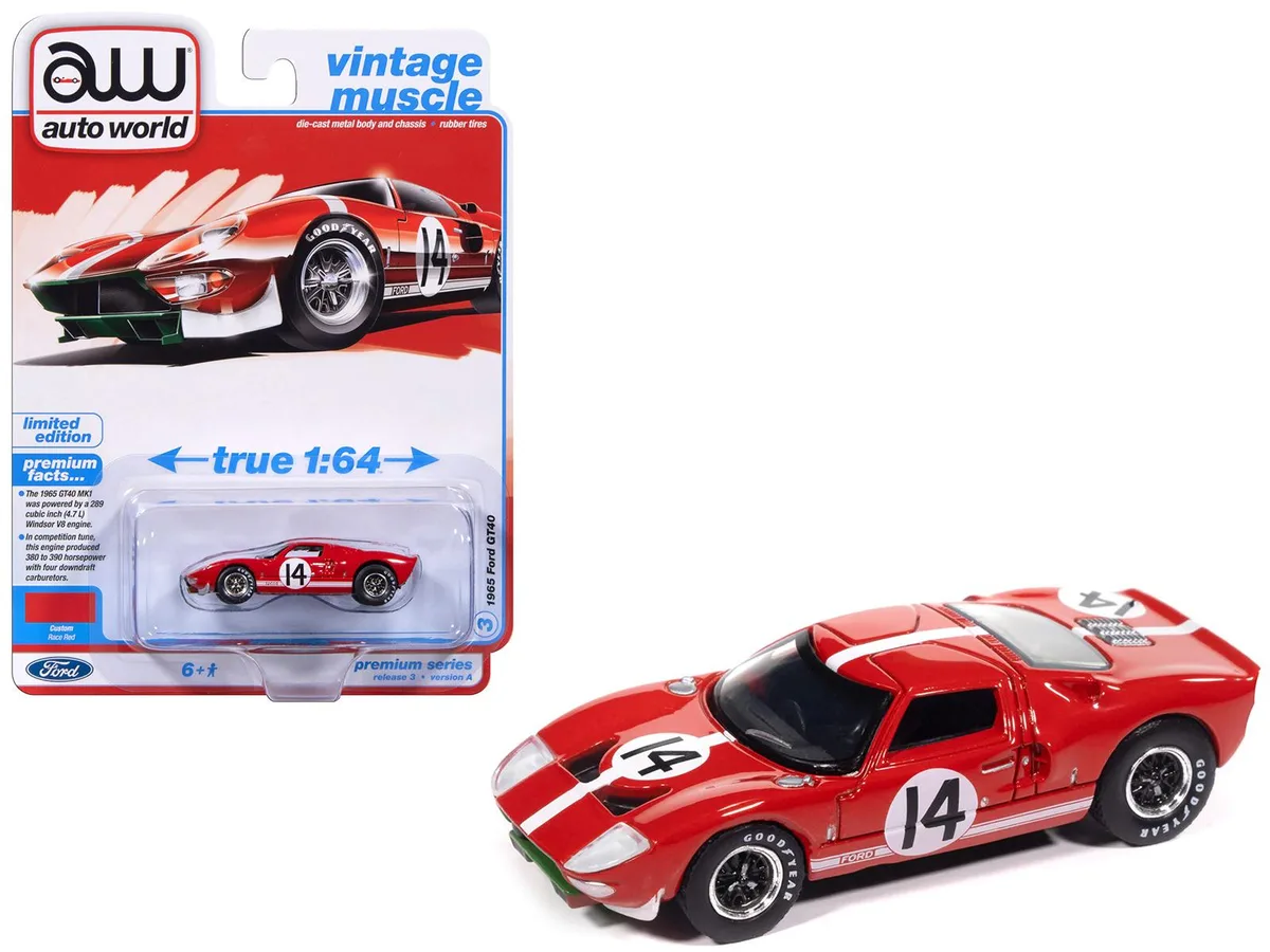 auto world Auto World 1965 Ford GT40 #14 Red White Stripes Vintage Muscle 1/64 Diecast Hobby Collectible — product photo