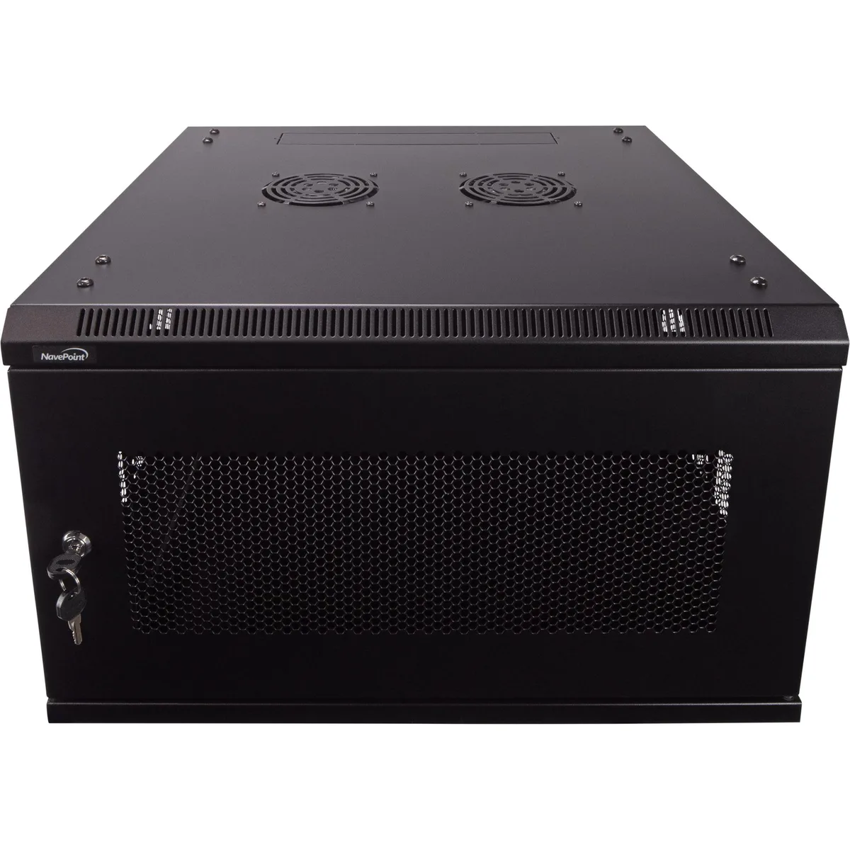 Black 6U wall-mount server rack, perforated doors, side vents, powder-coated steel frame