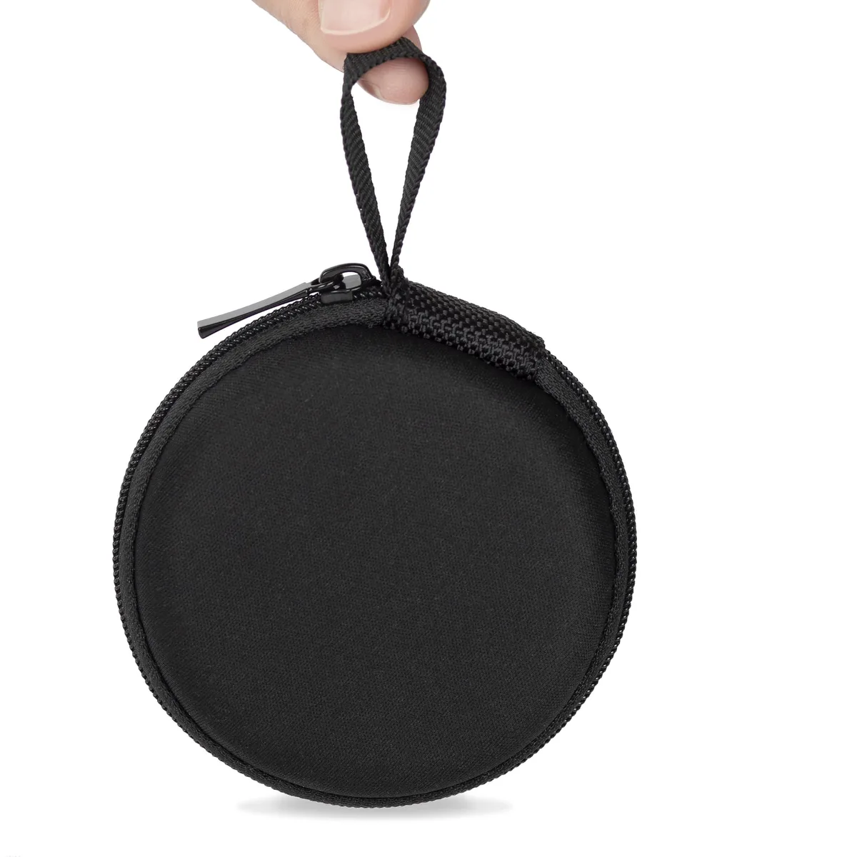 White round hard-shell earbud case with finger strap