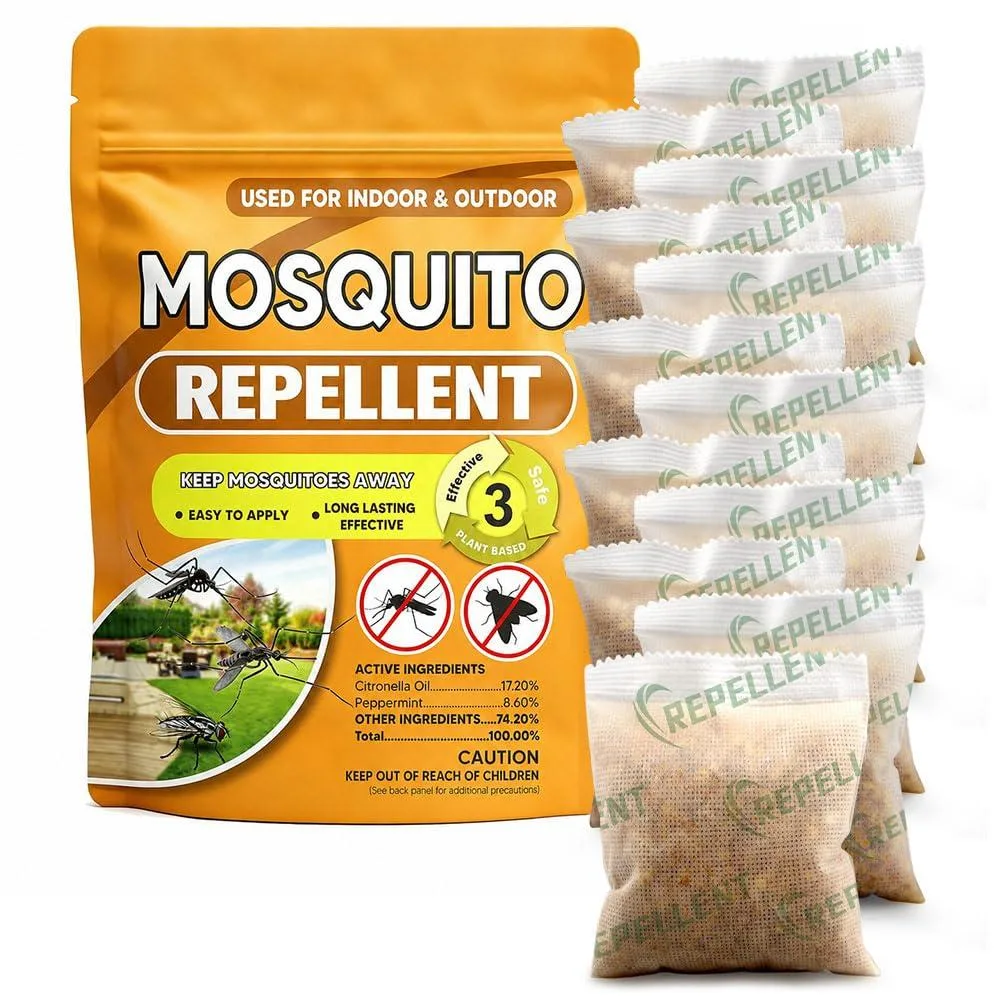 Twelve small hanging sachets in a pack, natural plant-based mosquito repellent bags