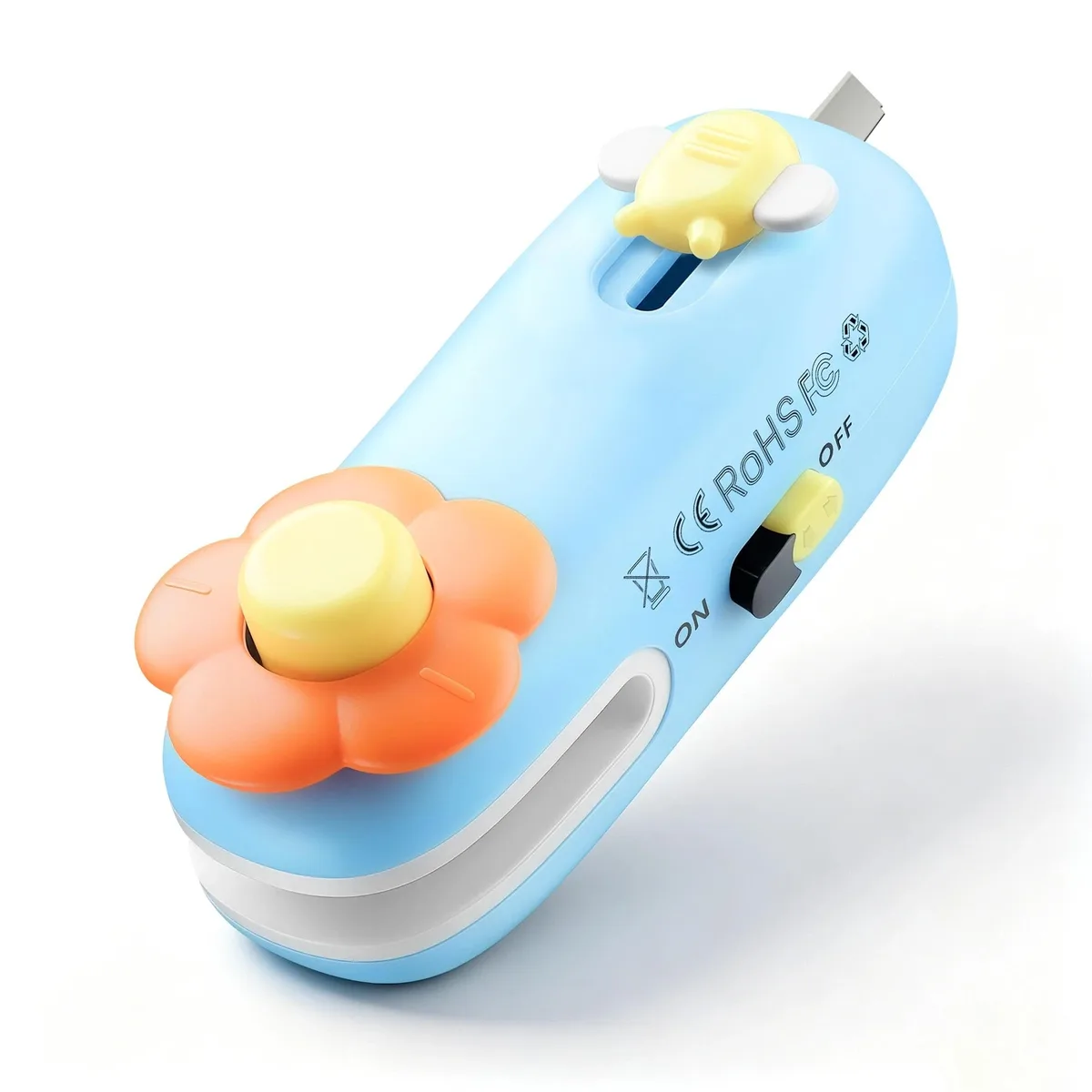 Compact blue handheld bag sealer with cutter and magnet