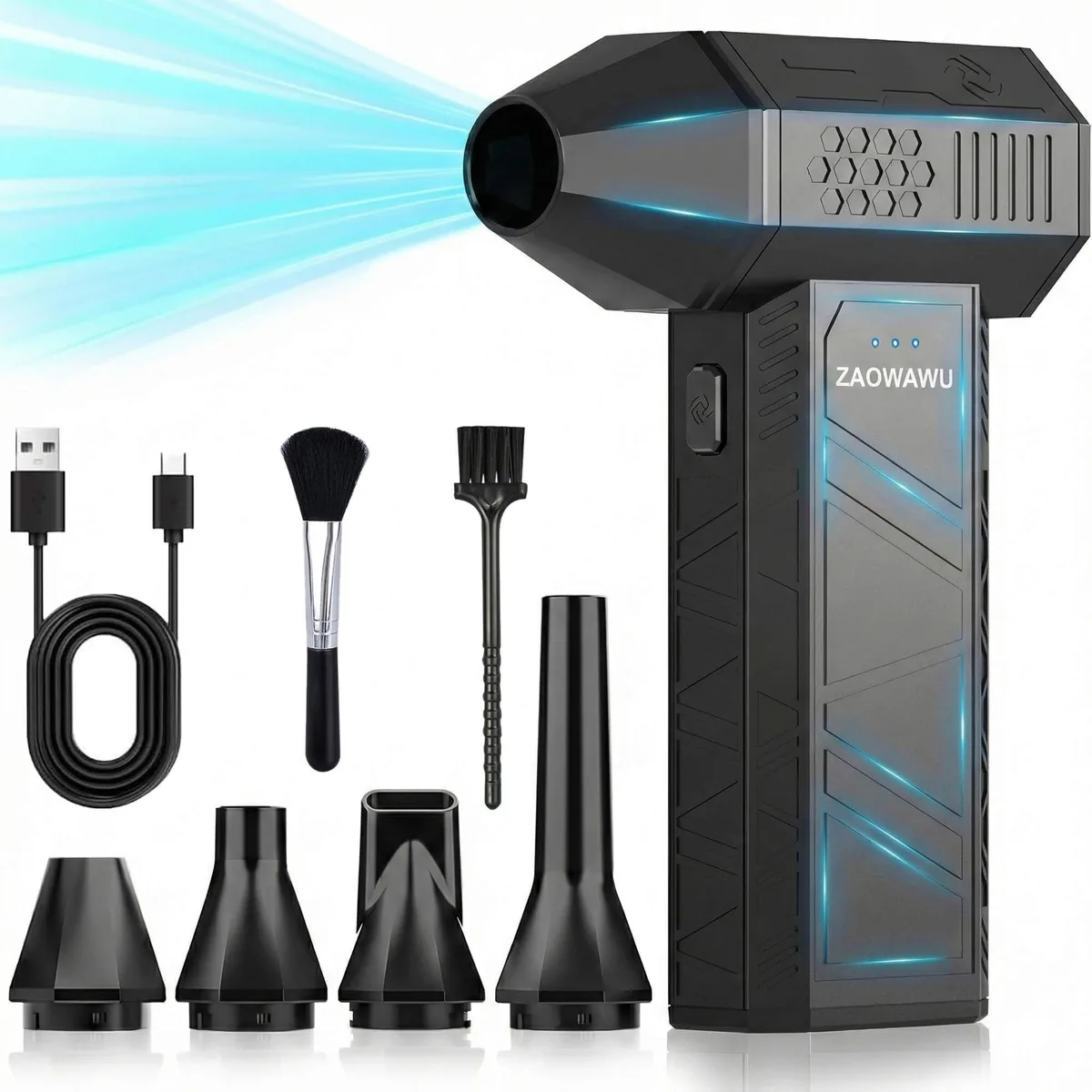 Compact black electric air duster with interchangeable nozzles and lanyard