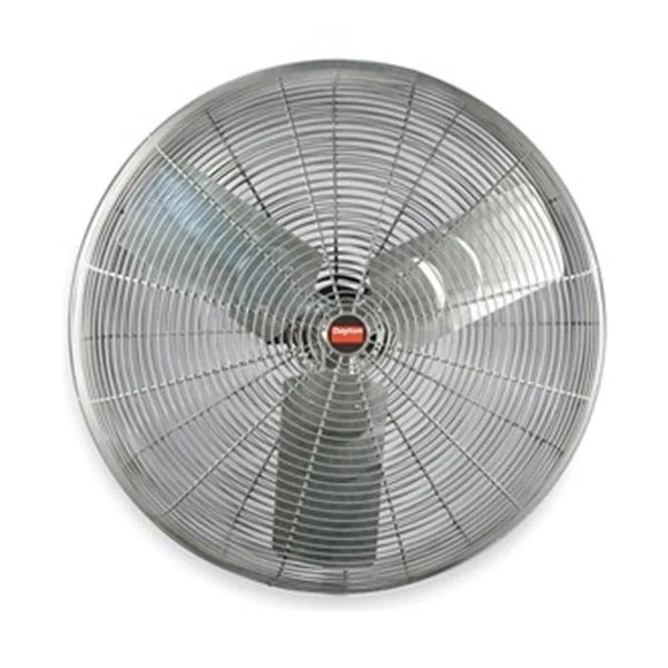 White metal industrial ceiling fan with three blades and central motor housing