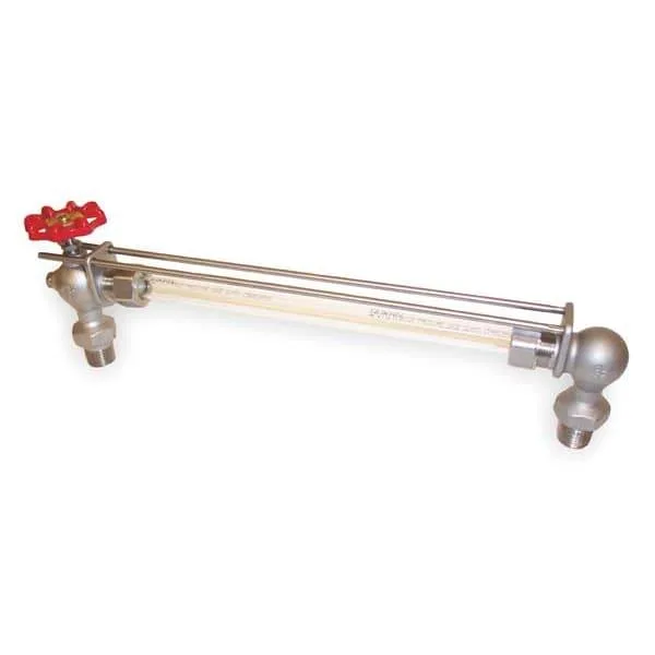 Stainless steel water gauge with glass tube and two guard rods, centre-to-centre 14 in