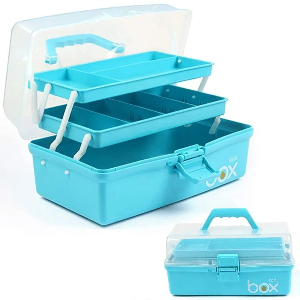 Blue 12-inch rectangular polypropylene tool box with three folding layers, transparent lid, carry handle and adjustable dividers