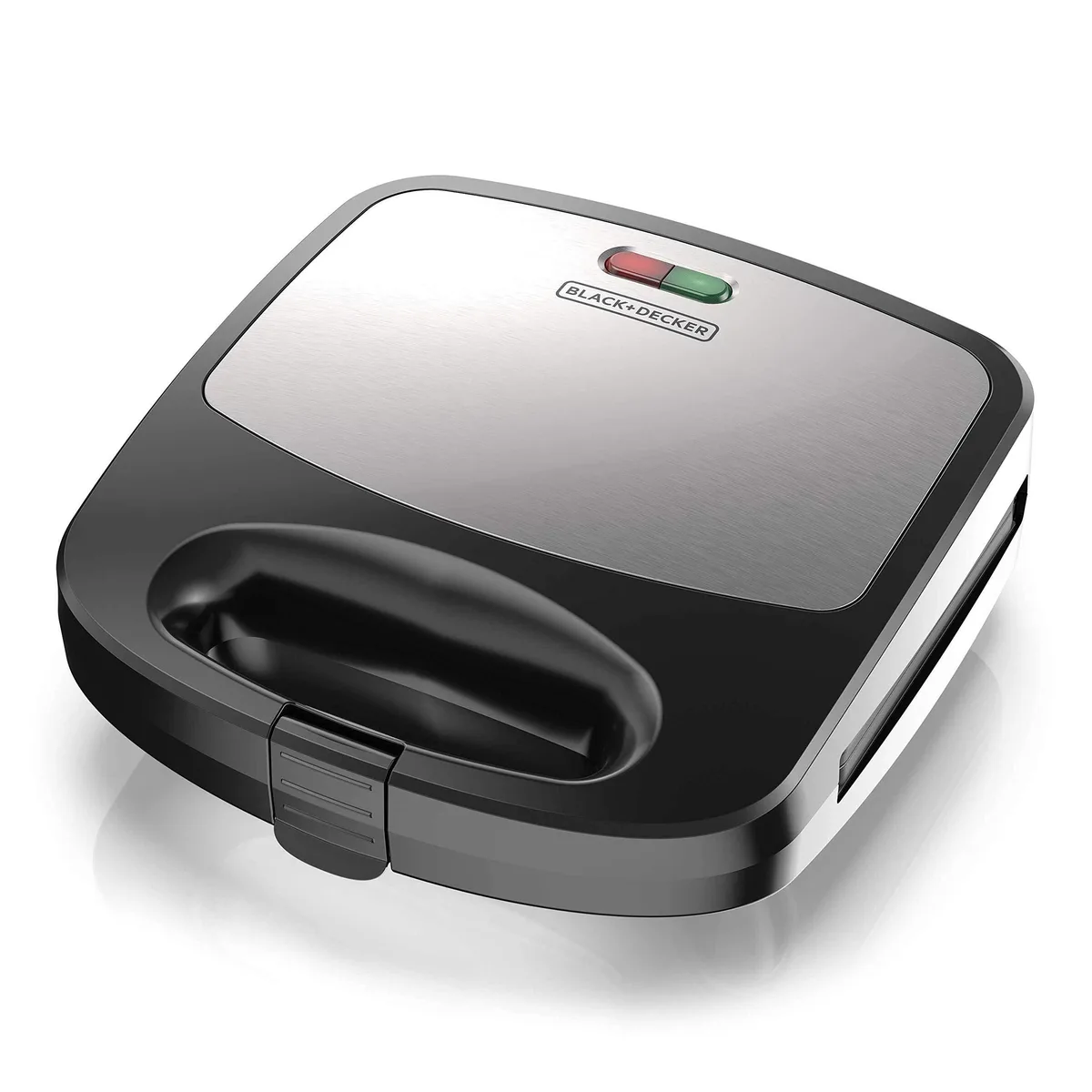 Compact black and silver waffle maker with interchangeable plates and cool-touch handles