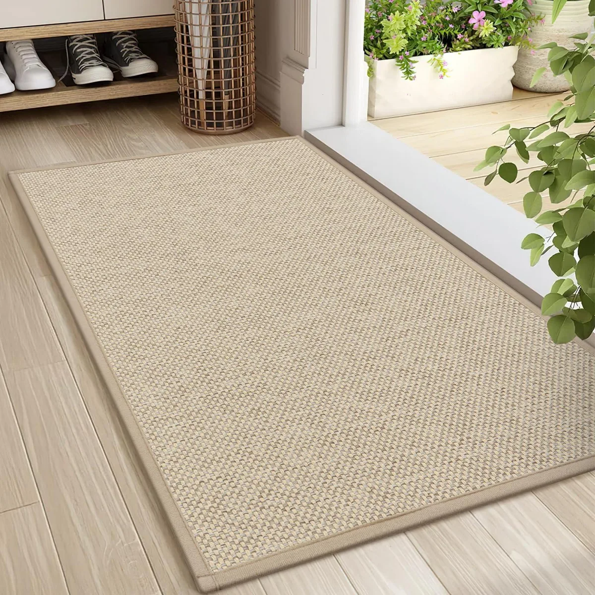 Khaki rectangular door mat, low-profile with rubber backing