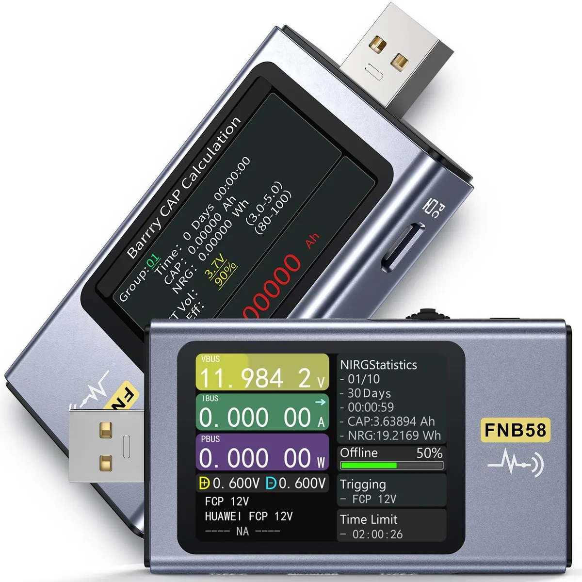 FNIRSI FNB58 USB tester with 2.0 inch color TFT LCD and USB-A, Micro-USB, Type-C ports