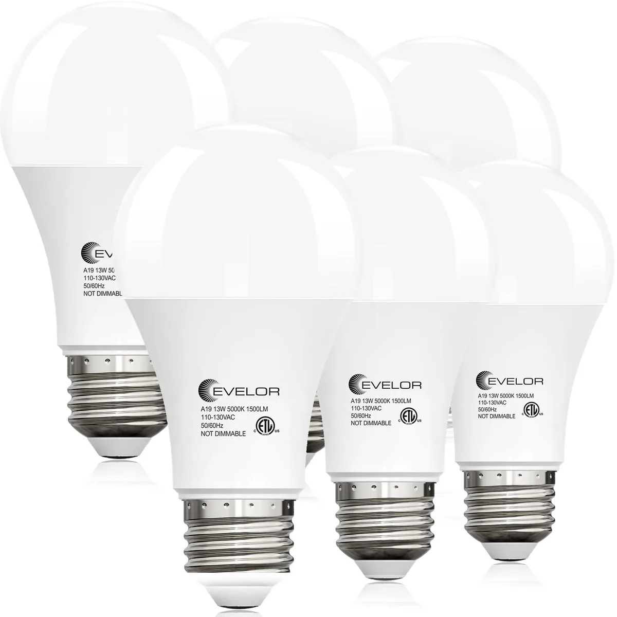  Evelor A19 LED Light Bulbs 100W Equivalent 5000K 13W 1500 Lumens E26 Non-Dimmable 6 Pack — product photo