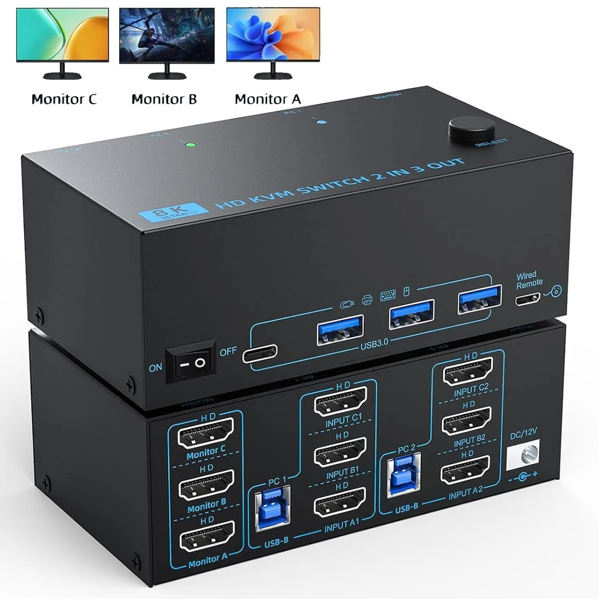 WRIARICH WRIARICH 8203 KVM Switch 2 PC 3 Monitor 8K@60Hz/4K@120Hz USB 3.0 — product photo