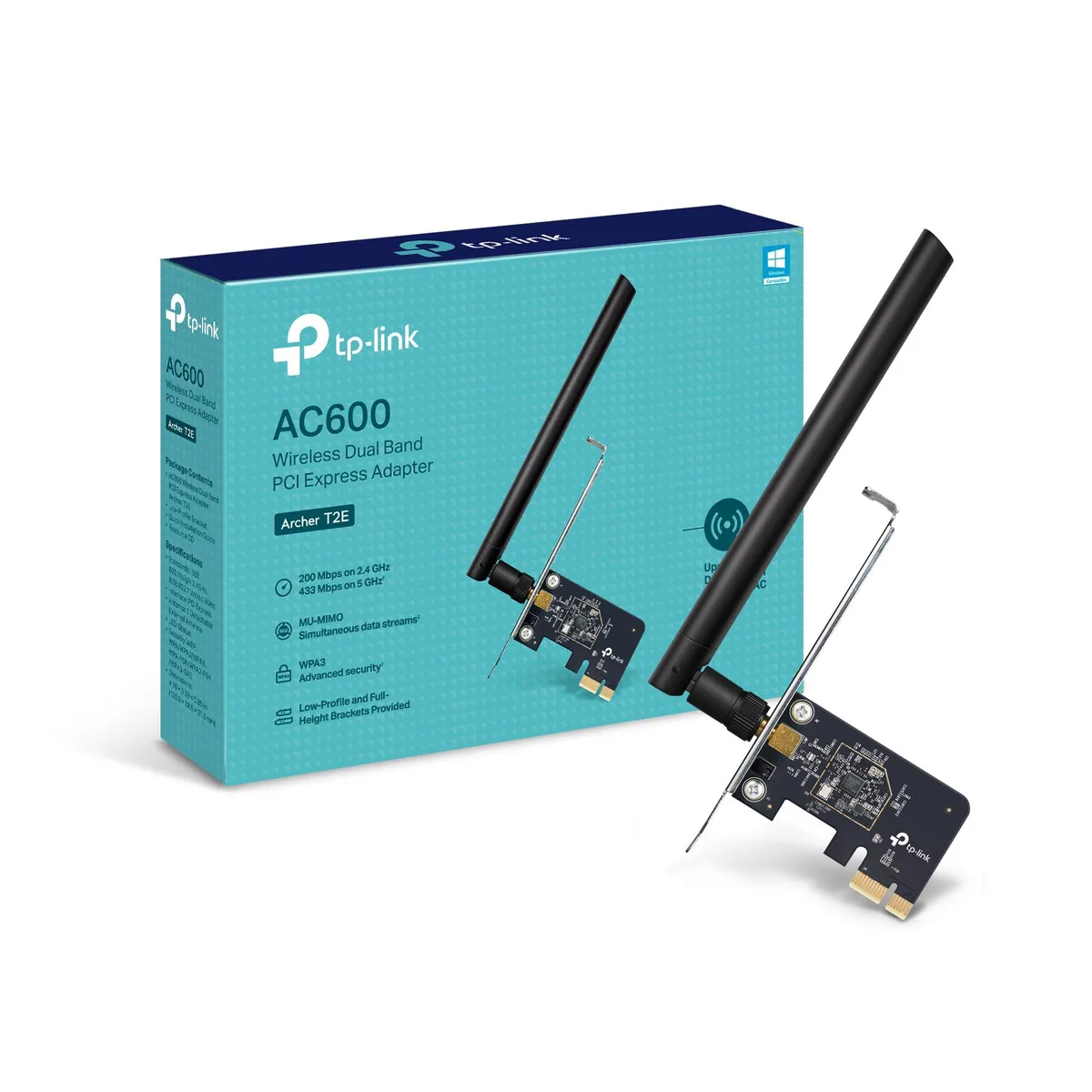 Small green PCIe card with external high-gain antenna and low-profile bracket