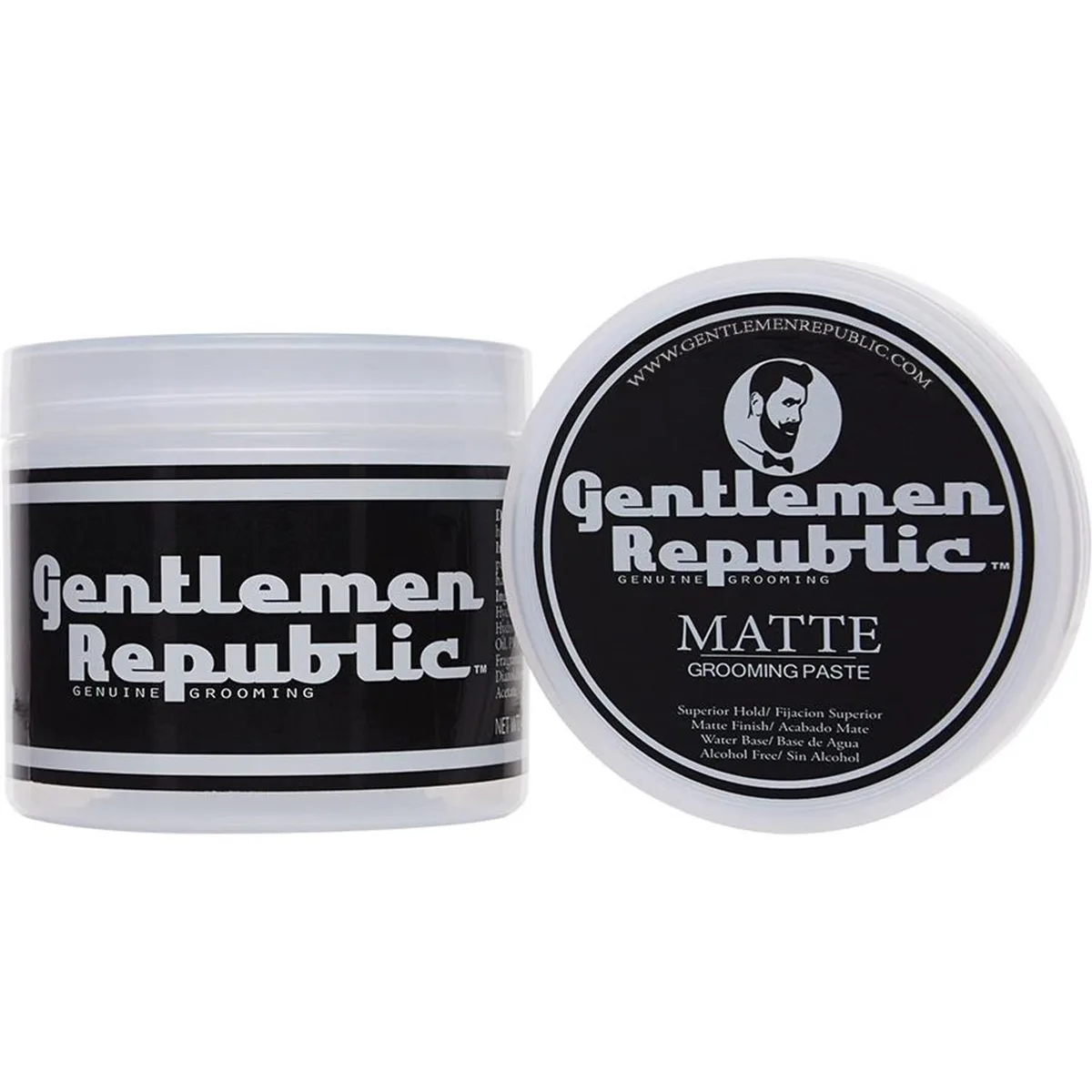White cylindrical jar with black lid and matte finish label 237ml