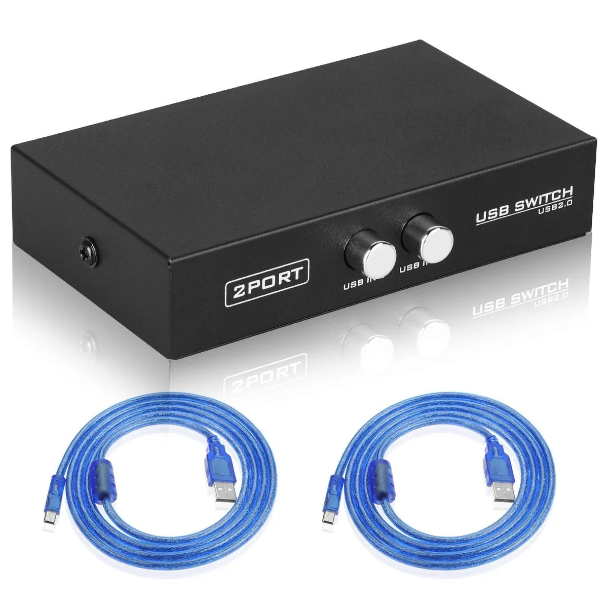 Blue USB 2.0 sharing switch box with two USB A to B cables