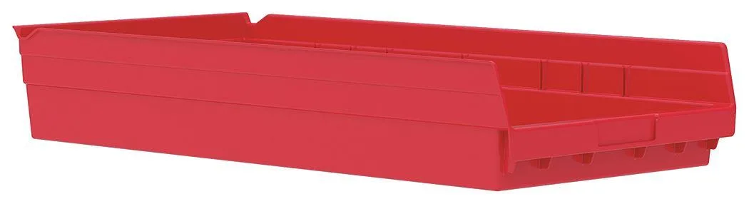 Red plastic shelf storage bin with molded-in label area, 23 5/8 in long