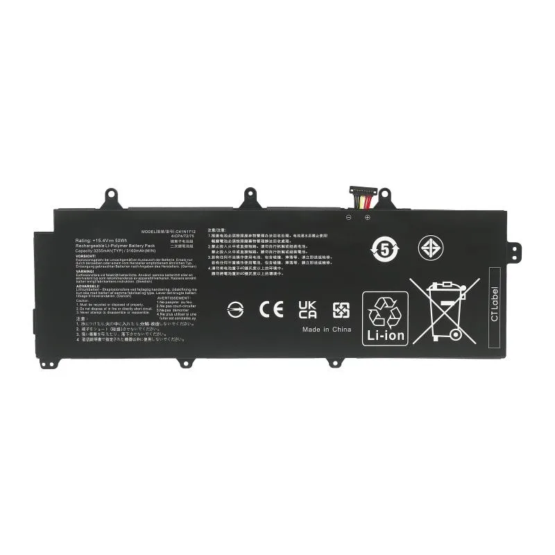 Black rectangular laptop battery pack with connector on one end