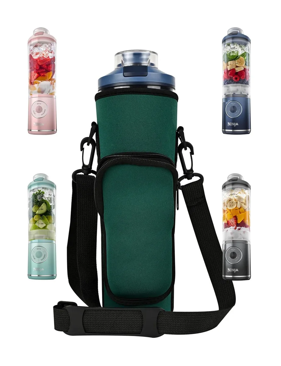 Green neoprene blender sleeve with zipper, front pocket, adjustable shoulder strap, 27 cm tall