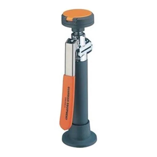 Gray PVC drench hose with single spray head and squeeze handle, countertop mount