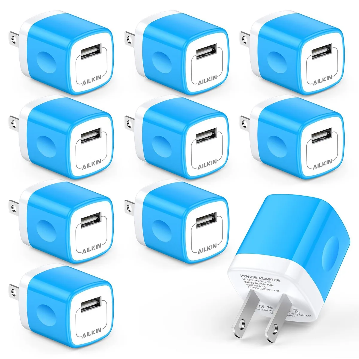  AILKIN PT-WC-05 10-pack USB-A charger 5V 1A blue — product photo
