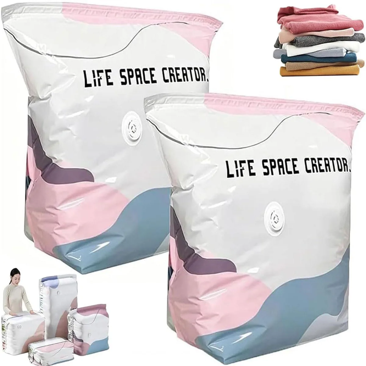 Two white polyethylene vacuum storage bags with zipper and valve, cube shape 27 by 11 by 19 inches